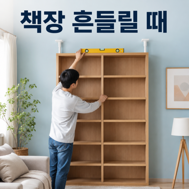 책장 흔들릴 때｜수평 조절·벽 고정·하중 배치 순서