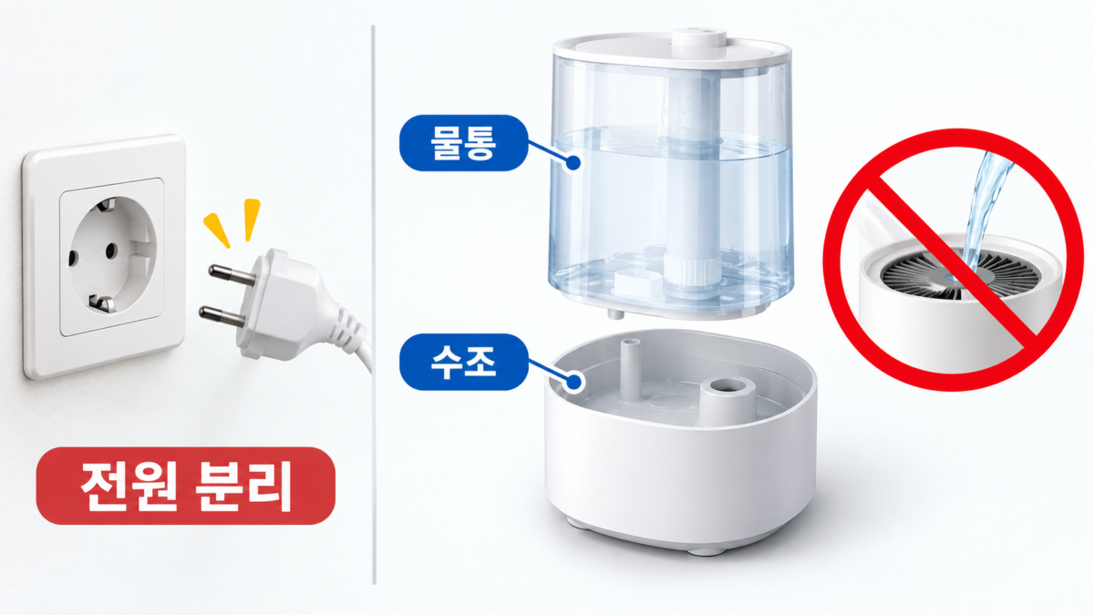 가습기 전원 분리와 잔수 위치 확인